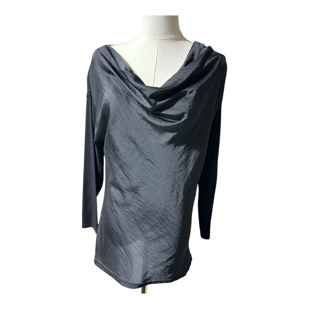 👉 Vince Camuto Draped Cowl Neck Mixed Media Top Black Long Sleeve Women’s M